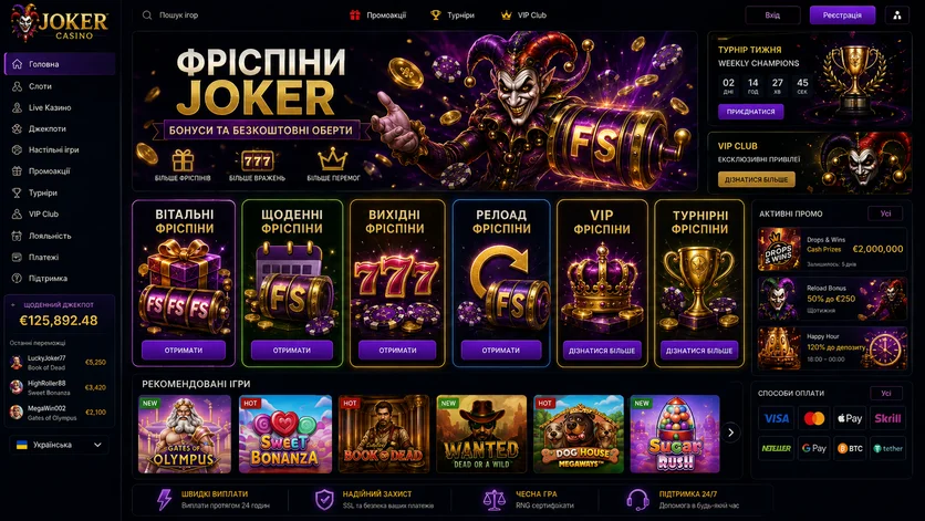 Раздел фриспинов Joker Casino с карточками разных типов бесплатных вращений