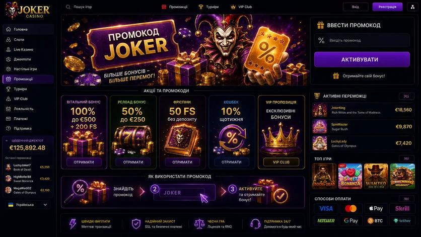 Страница промокодов Joker Casino с полем активации кода и схемой из трёх шагов