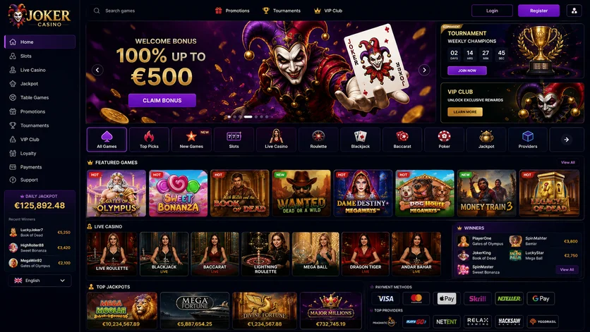 Главная страница Joker Casino: боковое меню категорий, промобаннер и сетка популярных слотов