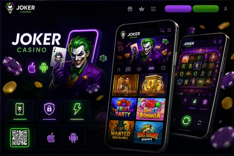 Промостраница мобильной версии Joker Casino с экранами каталога и слота на смартфонах