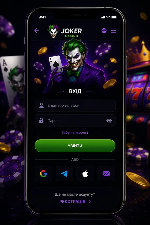 Форма входа Joker Casino на экране смартфона с полями логина и пароля