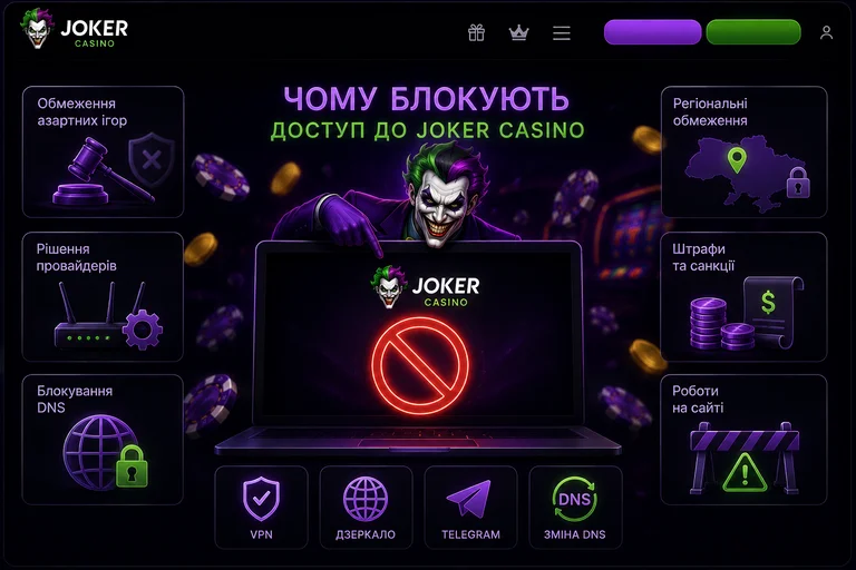 Инфографика Joker Casino о причинах недоступности сайта: ограничения провайдера, DNS, технические работы