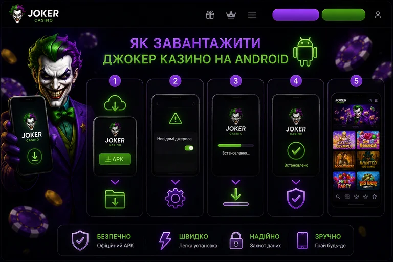 Инфографика Joker Casino: пять шагов установки приложения на Android от загрузки файла до запуска